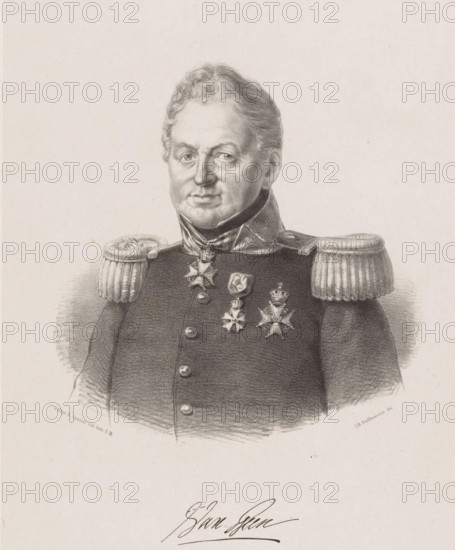 Portrait of Josephus Jacobus van Geen, print, The sitter wears a military uniform with epaulets and