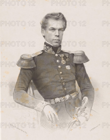 Portrait of FA Kortz, print, The sitter is wearing a military costume and holds a saber in his left