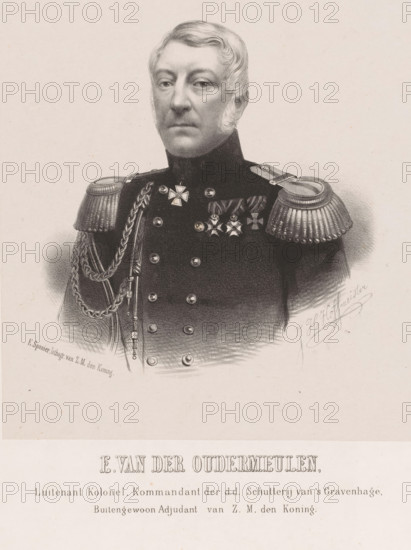 Portrait of E. van der Oudermeulen, print, The sitter is wearing a military uniform. Below the