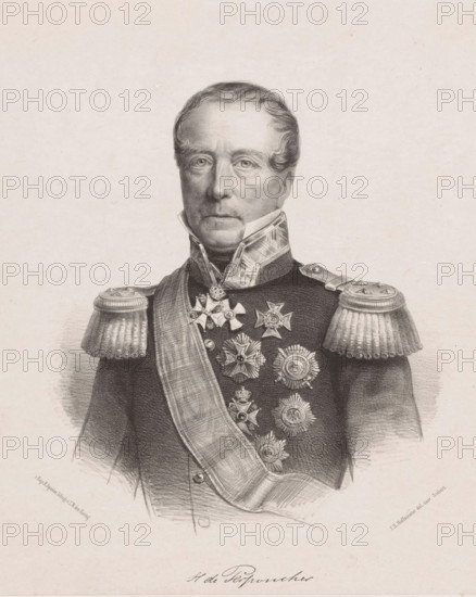 Portrait of Henri de Perponcher, print, The sitter wears a military uniform with epaulets, a sash