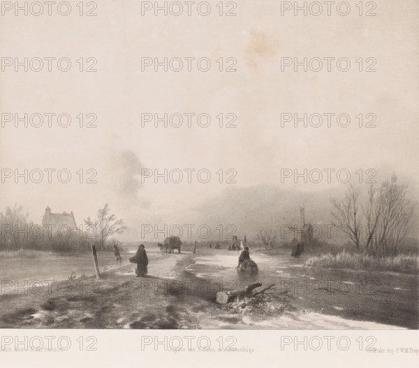 Winter landscape with skating figures and windmill, print, In the center runs a country road with a