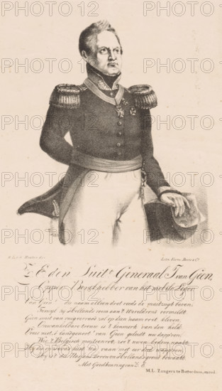 Portrait of General Josephus Jacobus van Geen, print, The sitter holds his hat in his right hand