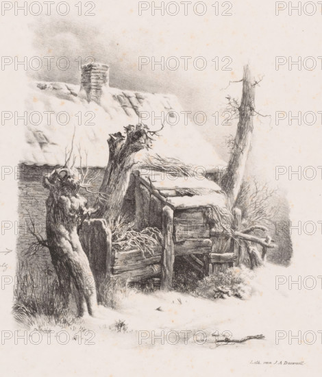 Snow-covered barn, Landscape studies third delivery, print, Series number, 18, 36, Numbered top