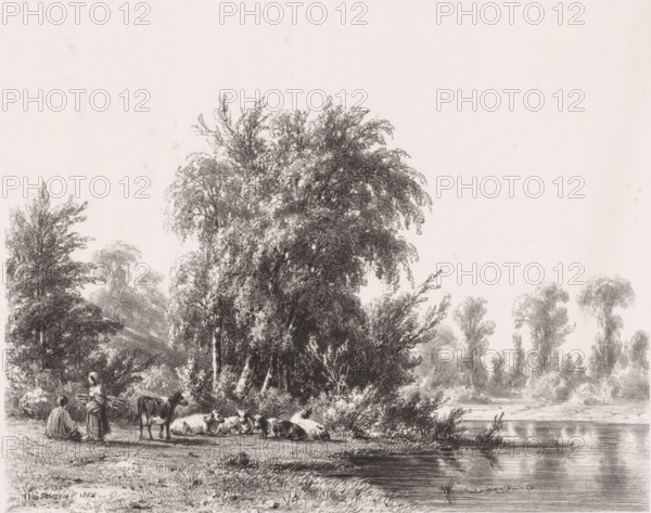 Resting herd by the water, print, On the left by the herd, a man and a woman. The woman is carrying