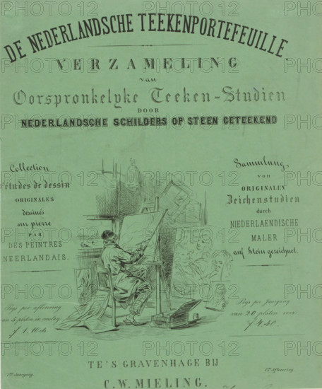 Painter in his studio, print, title page, Title page for: De Nederlandsche Teekenportefeuille. A