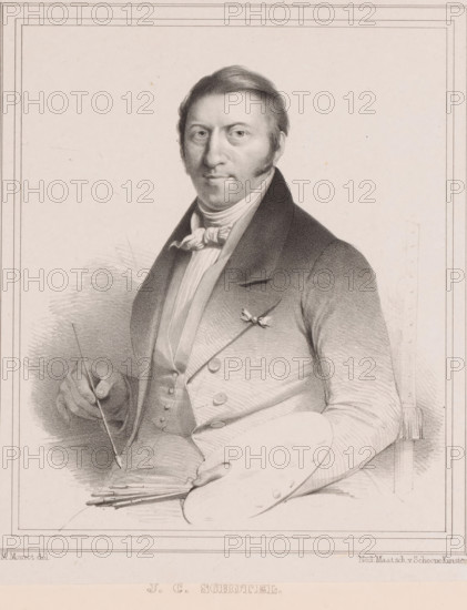 Portrait of Johannes Christiaan Schotel, print, The sitter holds a palette and cabinets in his