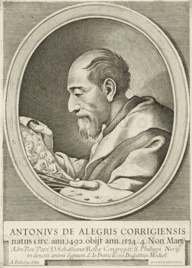 Portrait of the painter Correggio, print, printmaker: Giovanni Francesco Bugatti, Italy, after