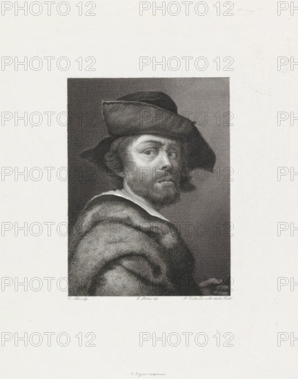 Portrait of painter Cristofano Allori, print, collector's mark: 'Oval with fleur de lys and text.',