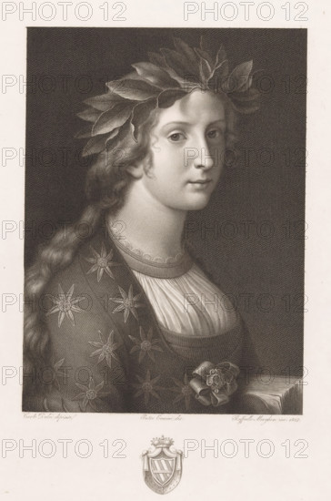 Allegory of poetry, print, Portrait of a woman with a book and a laurel wreath around her head.