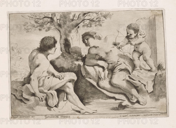 Venus and Adonis with Cupid, print, Venus and Adonis partially undressed in a landscape. Next to