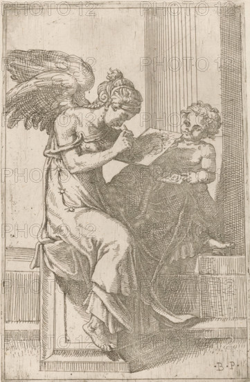 Painting (Pictura), print, Painting (Pictura) as a winged woman. She is painting a panel, while a
