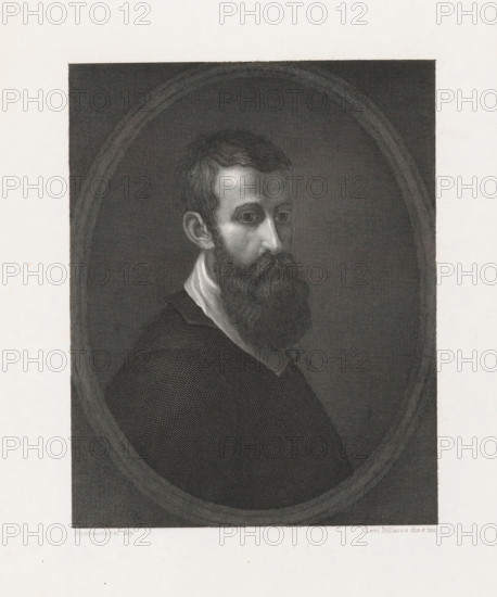 Portrait of painter Perino del Vaga, print, printmaker: Levi Pollacco, after painting by Perino del