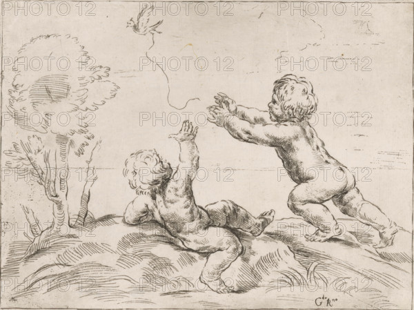 Two children playing with a bird, print, Two children in a landscape. A bird on a string, with