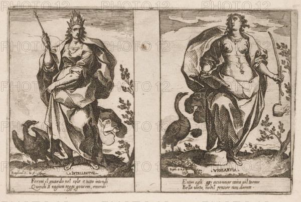 Intellect and Vigilance, Attributes of the Soul, print, Two representations of personifications.