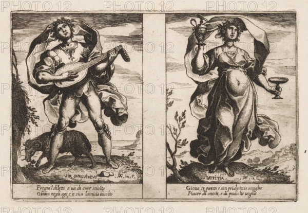 Sanguineous Man and Happiness, Attributes of the Soul, Attributi dell'Anima, print, Two