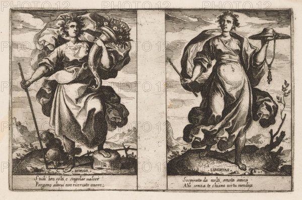 Honor and Liberty, Attributes of the Soul, print, Two representations of personifications. Left: