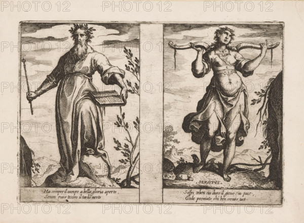 Merit and Servitude, Attributes of the Soul, print, Two representations of personifications. Left: