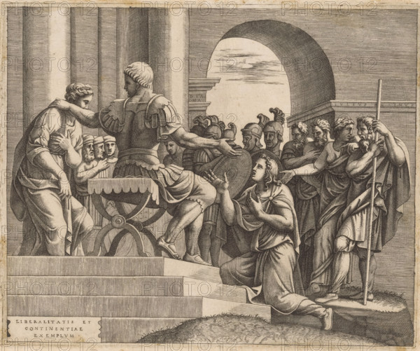 The Continence of Scipio, print, Scipio the Elder returns a captured virgin to her betrothed who