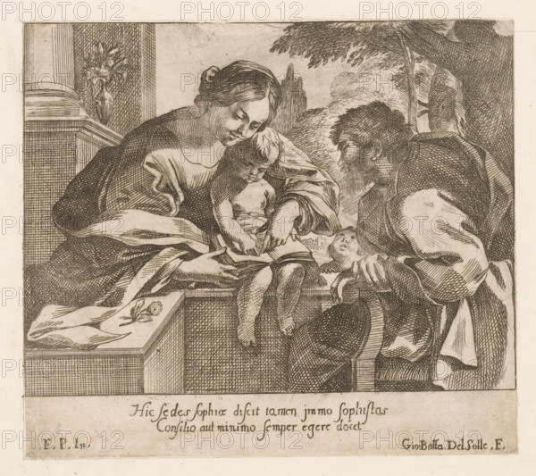 Mary teaches the Christ-child to read, print, The Christ-child sitting with a book on his lap. Mary
