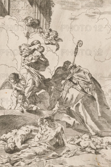 Three saints interceding for victims of the plague, print, Three saints kneel before Mary and the