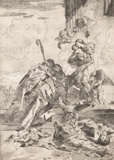 Three saints interceding for victims of the plague, print, Three saints kneel before Mary and the