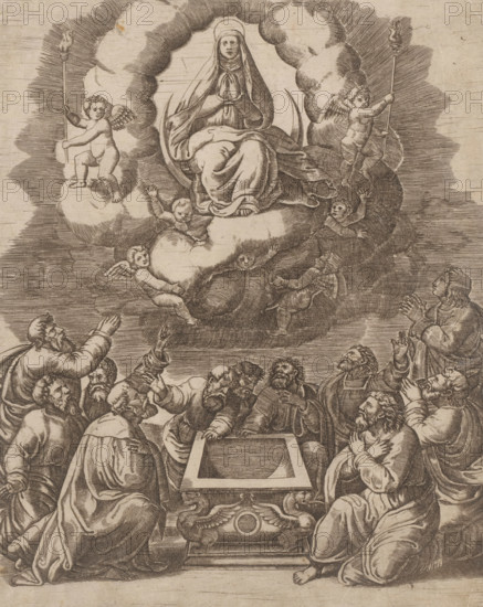 Assumption of Mary, print, The Assumption of Mary in the presence of the apostles. Mary is