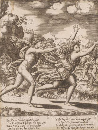 Apollo Pursues Daphne, Story of Apollo and Daphne, print, Series number, 3, 4, Apollo pursues the