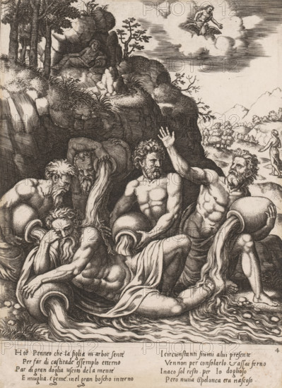 Peneus comforted by other river gods, Story of Apollo and Daphne, print, Series number, 4, Peneus