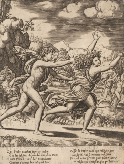Apollo Pursues Daphne, Story of Apollo and Daphne, print, Series number, 3, 4, Apollo pursues the