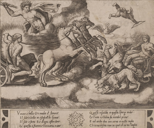 Chariots of Venus and Apollo, print, Left Apollo on his chariot with four horses harnessed side by
