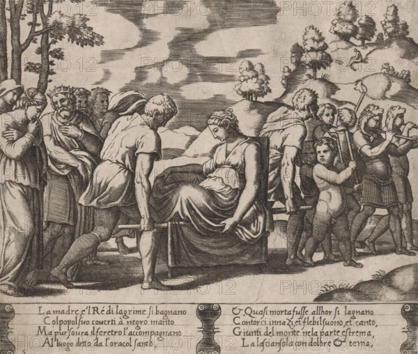 Psyche is carried to a mountain, Story of Amor and Psyche, print, Series number, 5, 32, On the