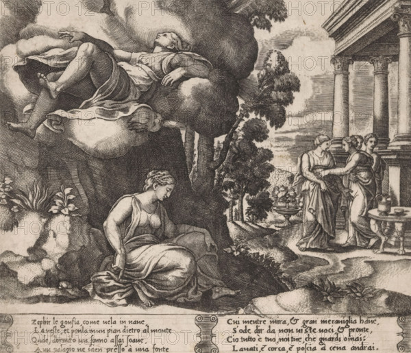 Psyche carried away by Zephyrus, Story of Cupid and Psyche, print, Series number, 6, 32, Psyche is
