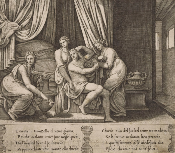 Psyche's Toilet with Nymphs, Story of Amor and Psyche, print, Series number, 10, 32, In a bedroom,