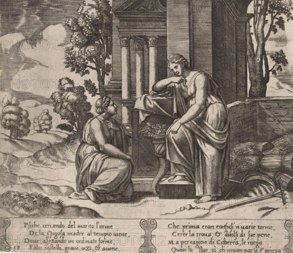 Ceres refuses help to Psyche, Story of Amor and Psyche, print, Series number, 19, 32, On the left