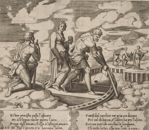 Psyche in Charon's Ferry, Story of Amor and Psyche, print, Series number, 25, 32, Psyche stands in