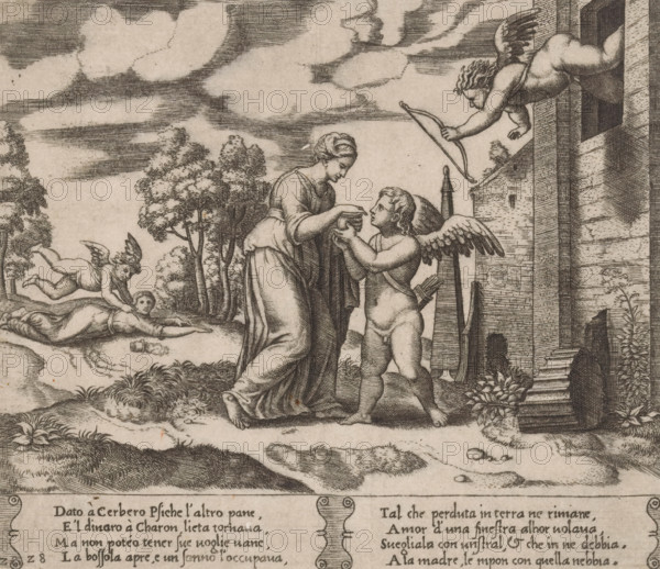 Psyche opens the jar with Proserpina's beauty, Story of Amor and Psyche, print, Series number, 28,