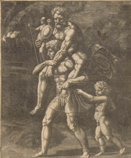Aeneas and his family flee from Troy, print, Aeneas walks with his father Anchises on his back. In