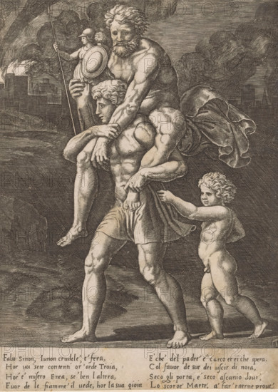 Aeneas and his family flee from Troy, print, Aeneas walks with his father Anchises on his back. In