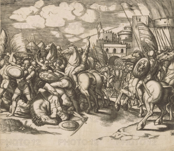 Victory of Scipio over King Syphax, print, A battle with soldiers on foot and on horseback. On the