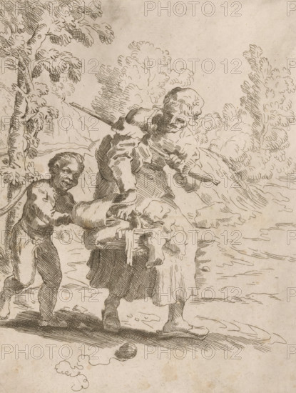 Old woman with a boy on a walk, print, Old woman, with a spinning wheel and two filled baskets,