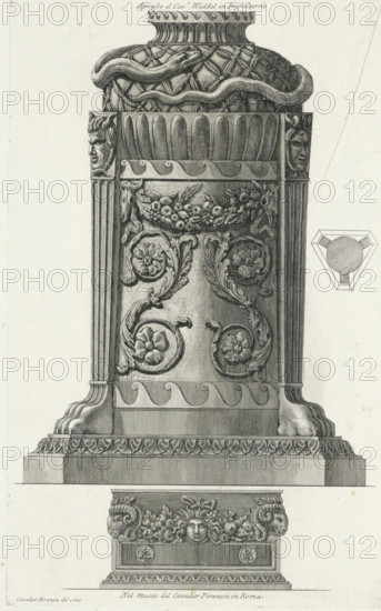Tripod with ouroborus and vase with putti, Vases, candlesticks, gravestones, sarcophagi, tripods,