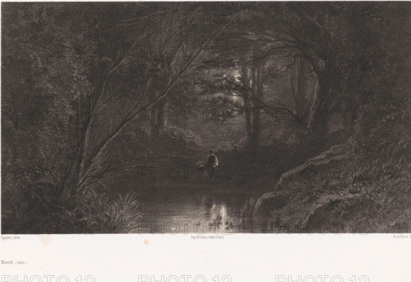 Two figures by a moonlit pond in the forest, Morestel (Isère), print, Series number, 151,