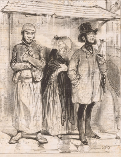 Woman standing between two smoking men, Entre deux feux, Martyrs, Les Martyrs, cartoon, print,