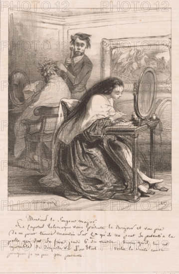 Young woman writing a letter in the hairdressing salon, Monsieur le Sergent major, Letters, La