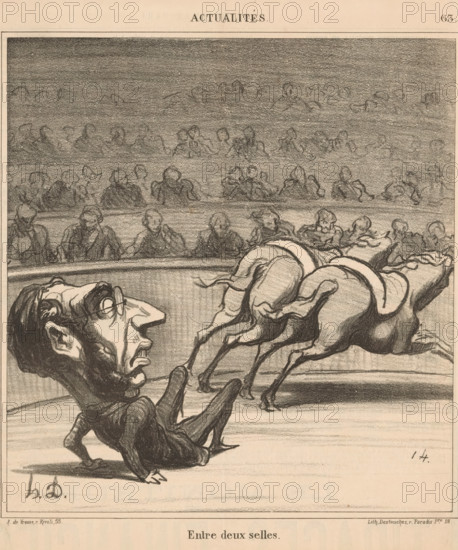 Caricature of the politician Émile Ollivier as a fallen horseman, Entre deux selles, Current