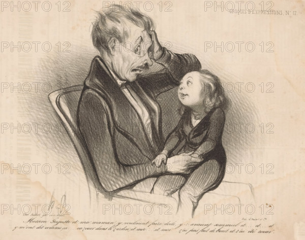 Child reveals his mother's secrets to his father, Facial expressions, Croquis d'expressions,