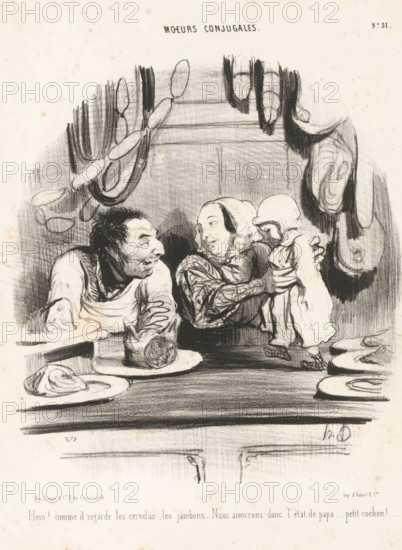 Butcher with his wife and small son, Hein! Comme il regarde les cervelas, Family situations, Moeurs