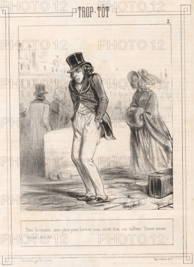 For the jobless clerk, Caricature of a man without a coat who is cold on the street, Too early,