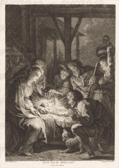 Adoration of the shepherds, Quel eclat brillant?, print, printmaker: Pierre François Basan, France,