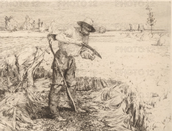 Mowers in the field, print, Top right numbered 1., watermark, printmaker: Jules Bastien-Lepage,